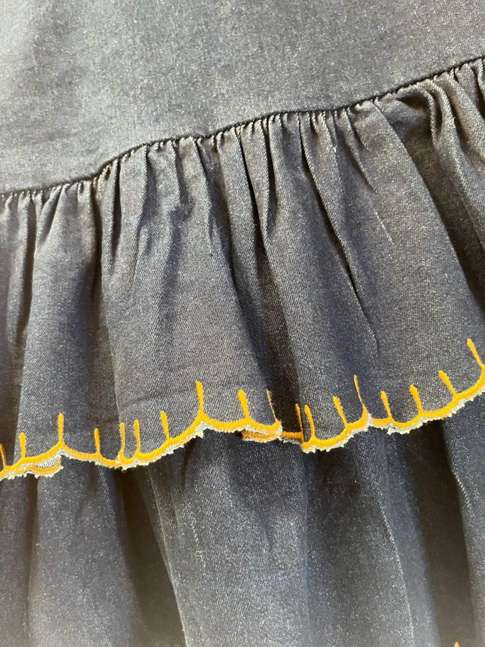 En Saison Boho Contrast Stitched Ruffle Tiered Flouncy Denim Festival Mini Dress - Picture 7 of 11
